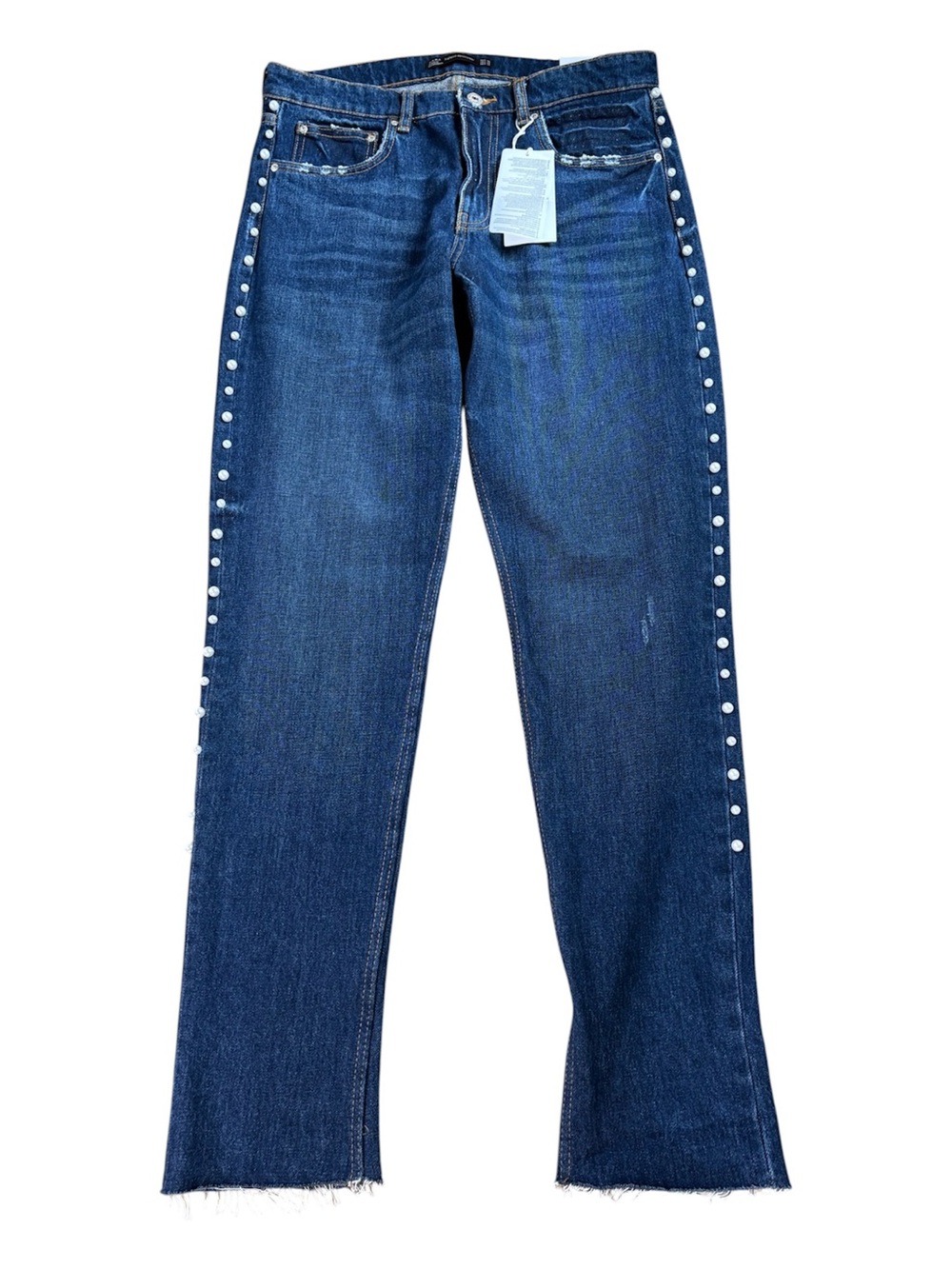 Zara Denimwear Straight Leg Jeans with Pearl Trim Detail. Size 8